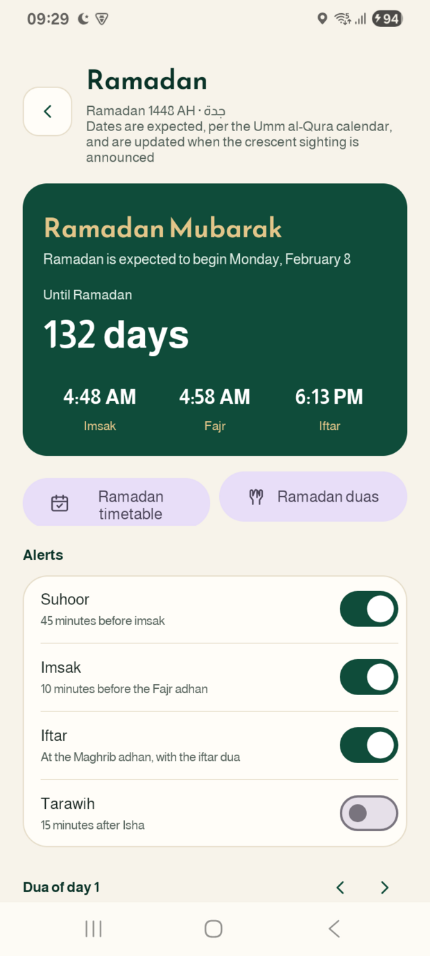 The Ramadan section: the month's timetable, the taraweeh portion and the duas of the last ten nights.