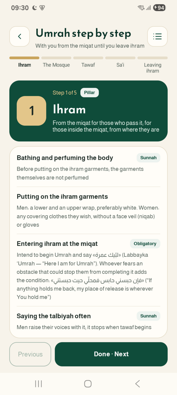The Umrah guide: the rites step by step with a counter for each.