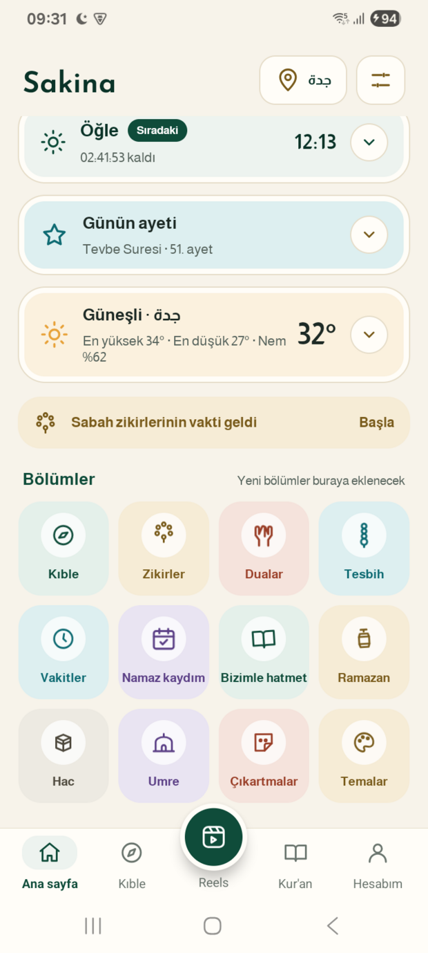 Bölümler: zikirler, dualar, kıble, tesbih ve diğerleri.