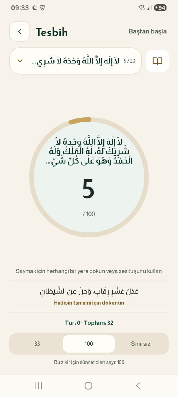Tesbih: zikir, sayacı ve sünnet olan sayısı.