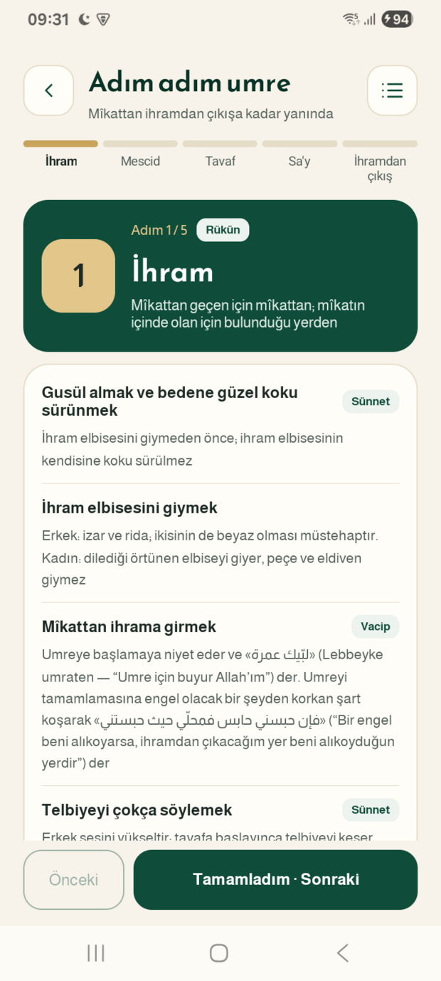 Umre rehberi: menâsik adım adım, her biri için sayaçla.